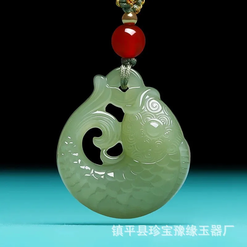 

Natural Hetian Jade Koi Lake Green Goldfish Necklace Yearly Prosperity Pendant Unisex