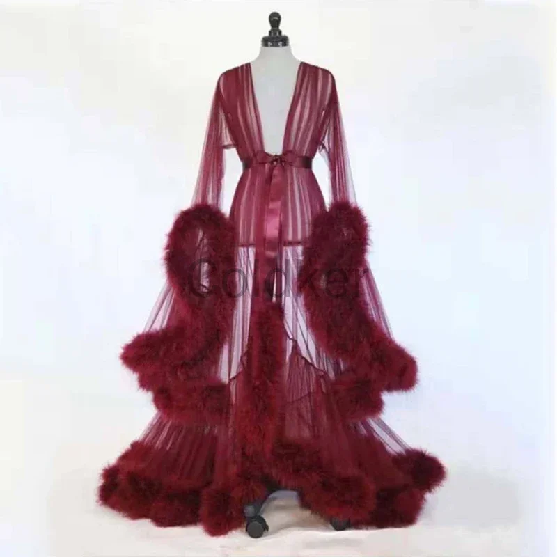 Sexy Lingerie Perspective Robes for Women Feather Trumpet Sleeve Trailing Long Night Dress Luxury Temptation Nightgown Suit 2022