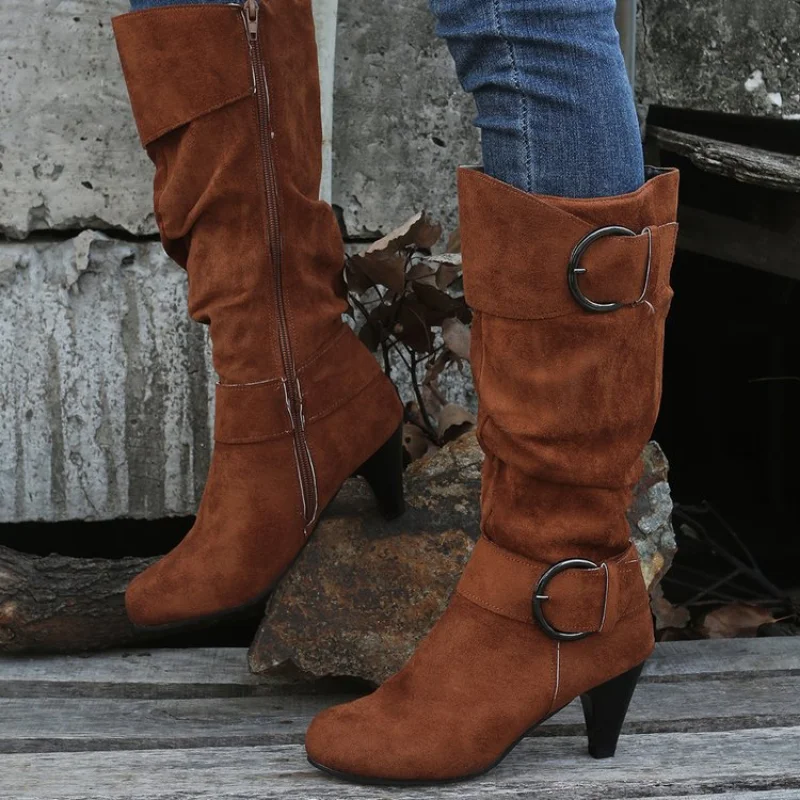 Women Platform Cowboy Boots Women Autumn Winter Fashion Slip on Mid Heel Ladies Retro Suede High-heeled Belt Buckle Ankle Boots