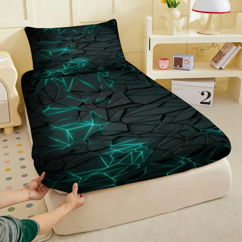 Green Geometric Print Fitted Sheet Deep Pocket Elastic Mattress Cover Single Double Queen King Bedroom Decor