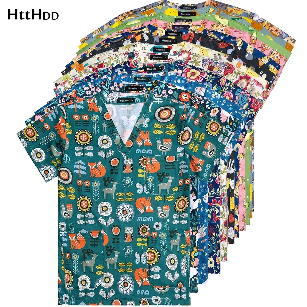 Men's Wholesale Operating Room Medical Scrub Uniform Print Top Pet Grooming Clinic Nursing Short Sleeve Zoo Cleaning Work Cotton