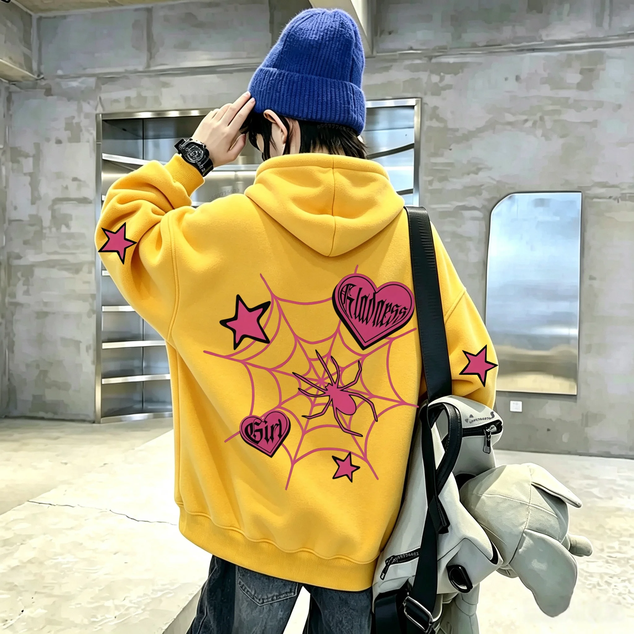 Latest Y2K Millennium-style powder web spider heart star pattern children's hooded pullover sweater for boys and girls