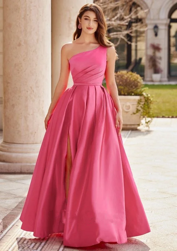 One Shoulder Evening Dresses Long Floor Length Pleats Satin Prom Gowns with Slit Women Formal Party Prom Dress Custom Made