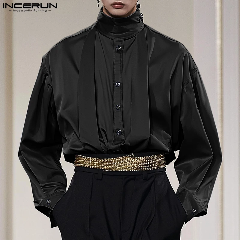 Fashion Casual Style Tops INCERUN Men Satin Design Pleated Shirts Casual Clubwear Male Solid All-match Long Sleeved Blouse S-5XL