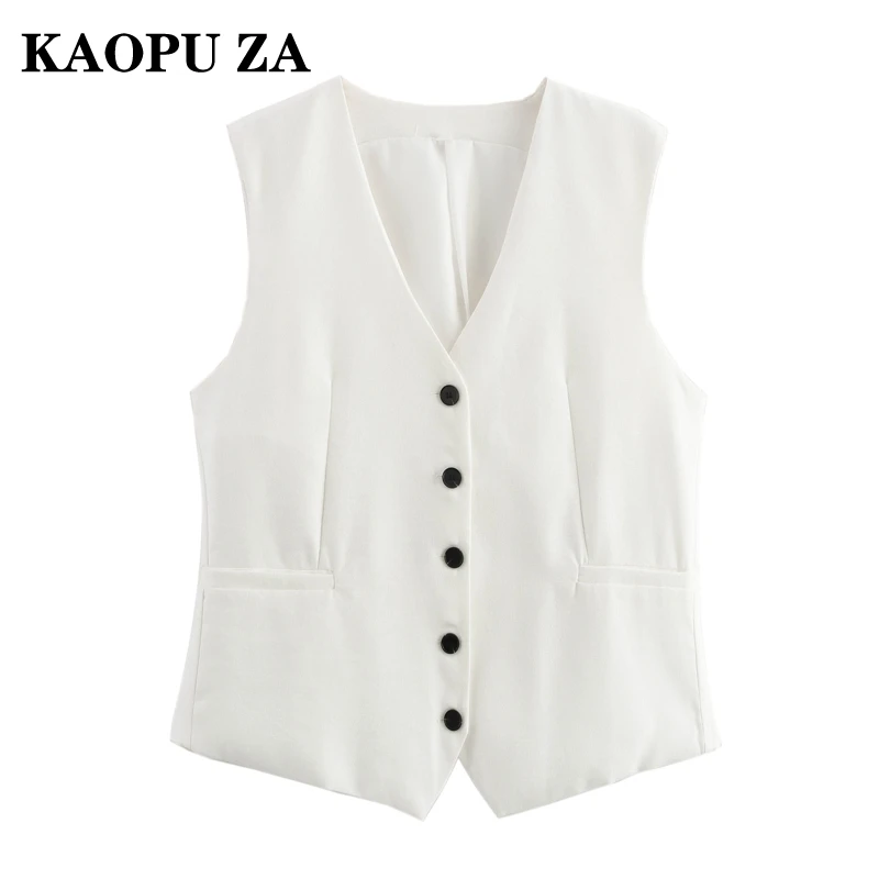 KAOPU ZA 2024 Autumn New Lady Vintage Sleeveless Top Waistcoat Commuting Woman V-Collar Gilet Ruffles Regular Fit Pockets Vest