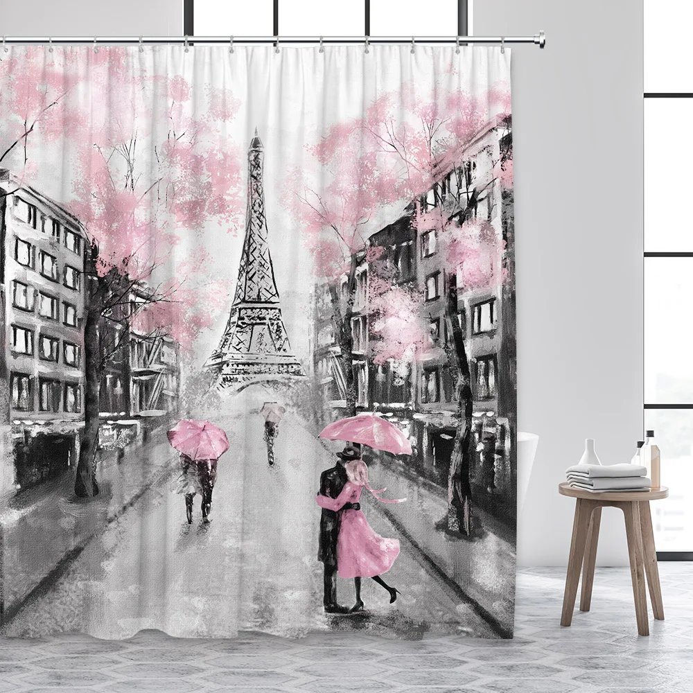 Vintage Paris Tower Shower Curtain Pink Floral Romantic Lovers City Street Scenery Modern Fashion Bathroom Curtains Fabric Decor