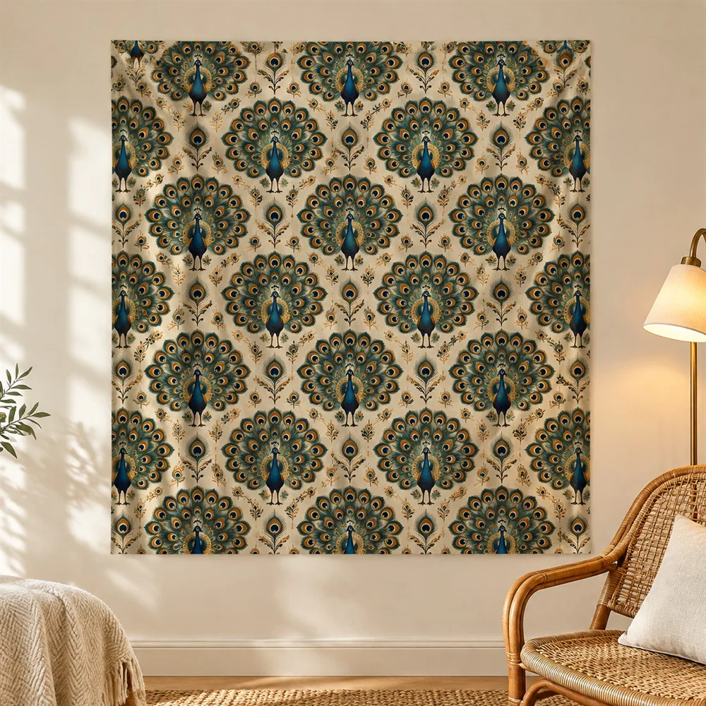 VIKAMA Peacock Feather Tapestry Wall Hanging, Ornamental Bird Wall Art, Luxury Decor for Living Room Bedroom Dining Room