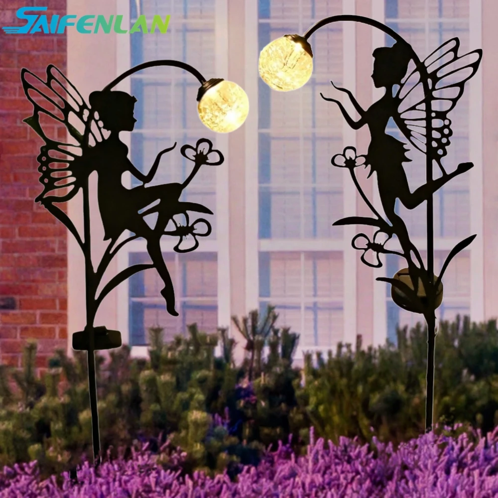 

2 Pack Solar Fairy Garden Decor, Metal Statues with Crackle Glass Globe Lights Silhouette Decorations for Outdoor Lawn Pathway