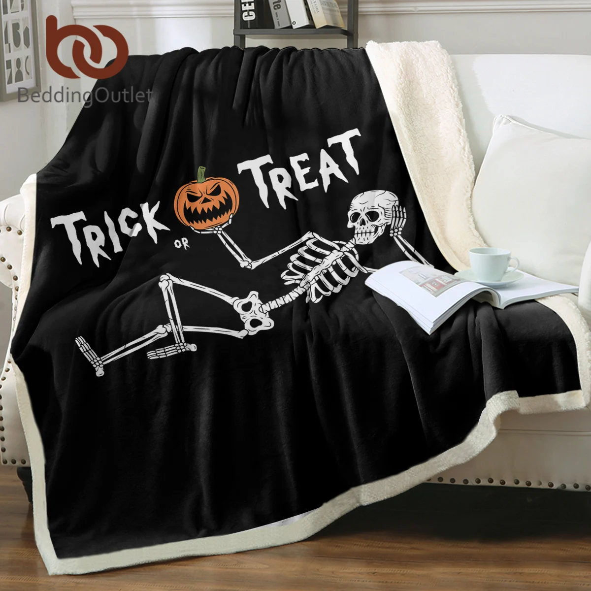 

BeddingOutlet Halloweens Skull With Pumpkin Sherpa Fleece Blanket Trick Or Treat Decor Bedspread Kids Bedroom Hallowmas Gifts