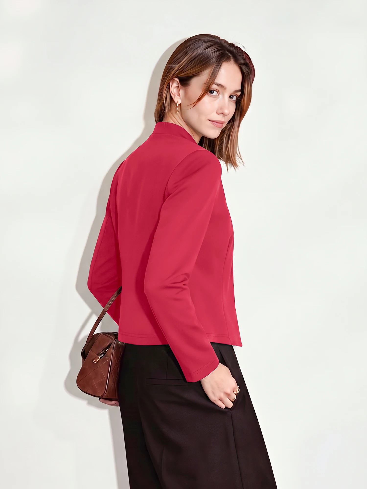 Female Office Blazer Jacket Long Sleeve Stand Collar Open Front Solid Slim Fit Daily Casual Outerwear For Shopping And Party