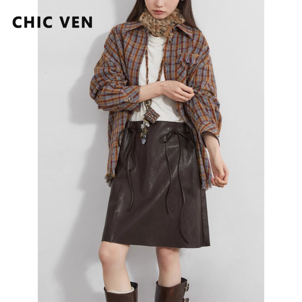 CHIC VEN Women Skirts Solid Loose Casual New Drawstring High Waist A-line Office Ladies PU Short Mini Skirt Autumn Winter 2025