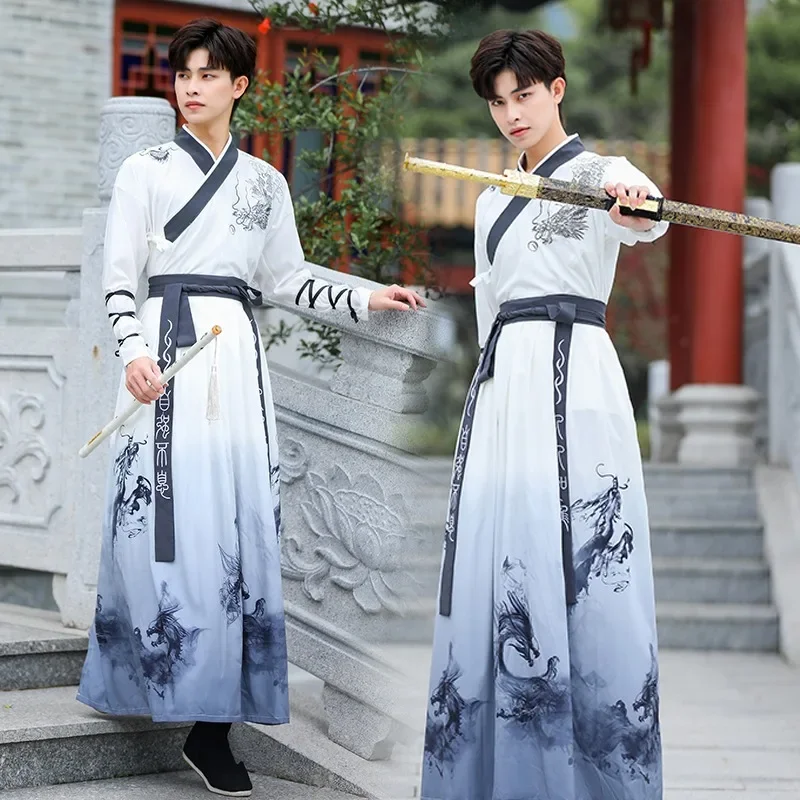 Hanfu Mannen Chinese Drakenborduurwerk Traditionele Kostuumkleding Cosplay Etnische Stijl Tang Pak Prestatie Kleding Wit