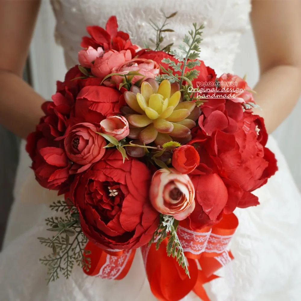 

Wedding Red Artificial Roses Flower Bouquet for Bride Bridesmaid Wedding Party Home Decoration Things for Decoration