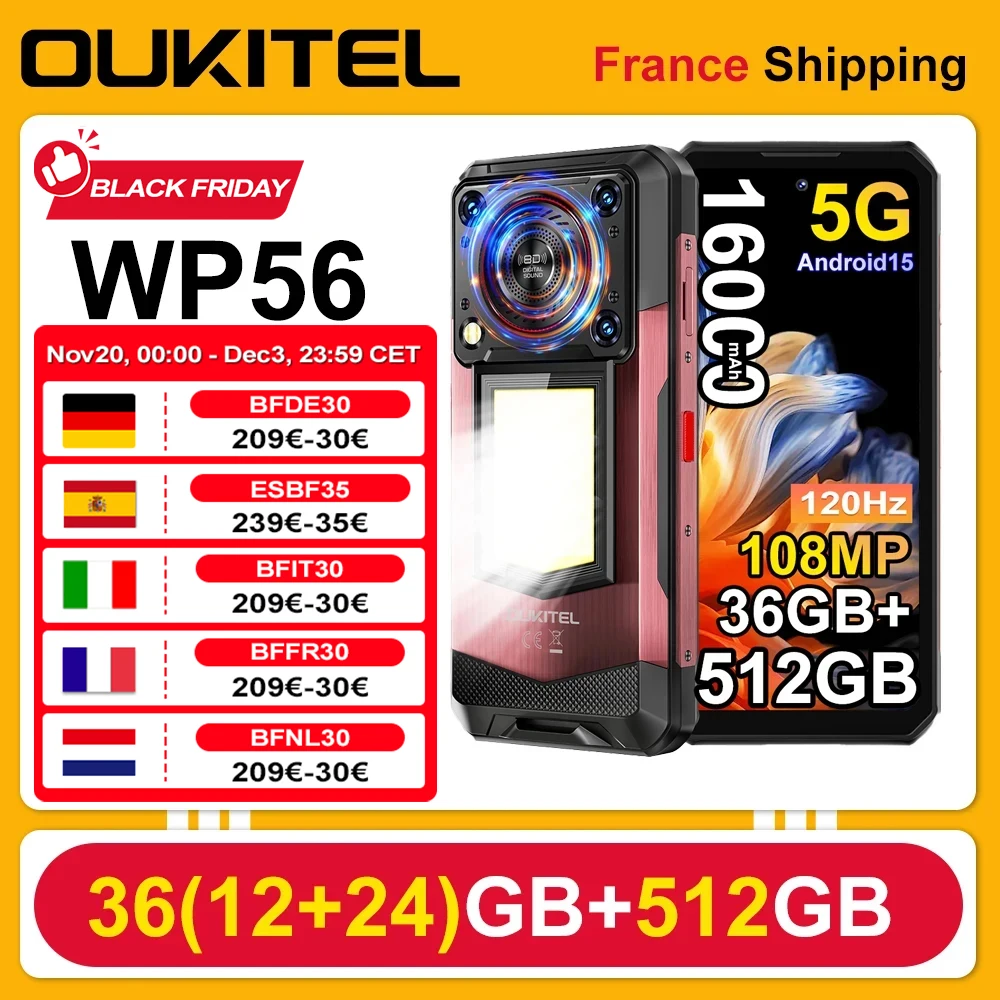 Smartphone OUKITEL WP56 36GB (12 + 24) 512GB Android 15 16000 mAh 45W Lampe de camping 6.8 ''120Hz 128dB 108 MP 5G téléphone portable