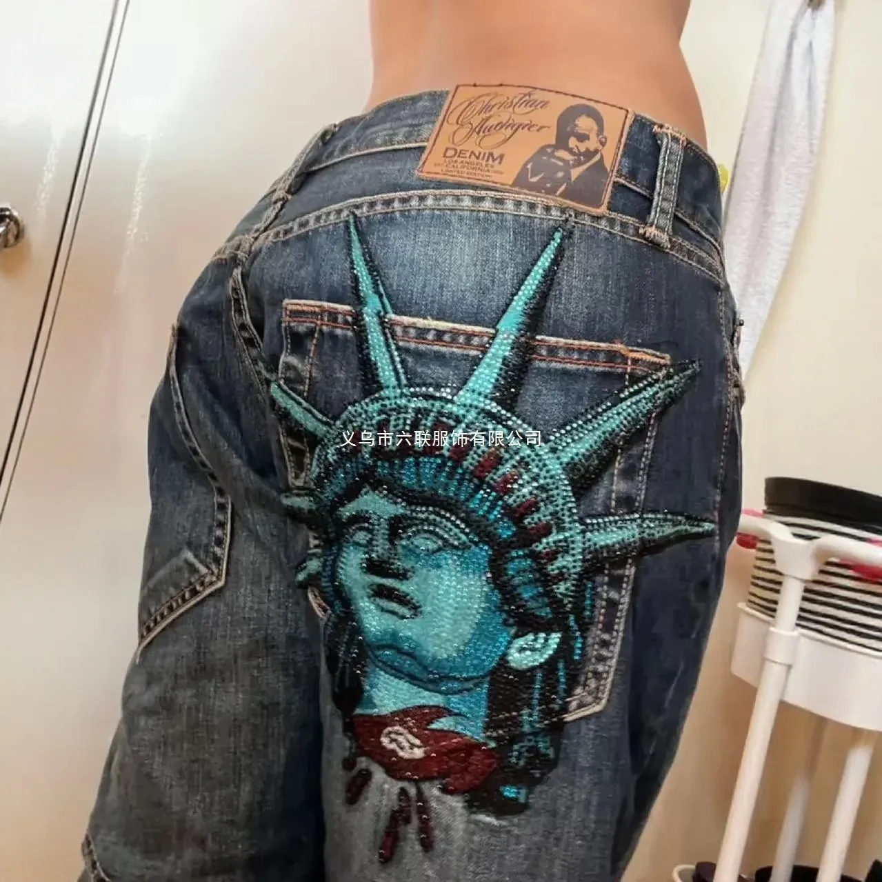 

Harajuku Y2k High Waist Straight Wide Leg Jeans 2000s Casual Denim Pants Vintage Statue of liberty Diamonds Jeans Men Clothing