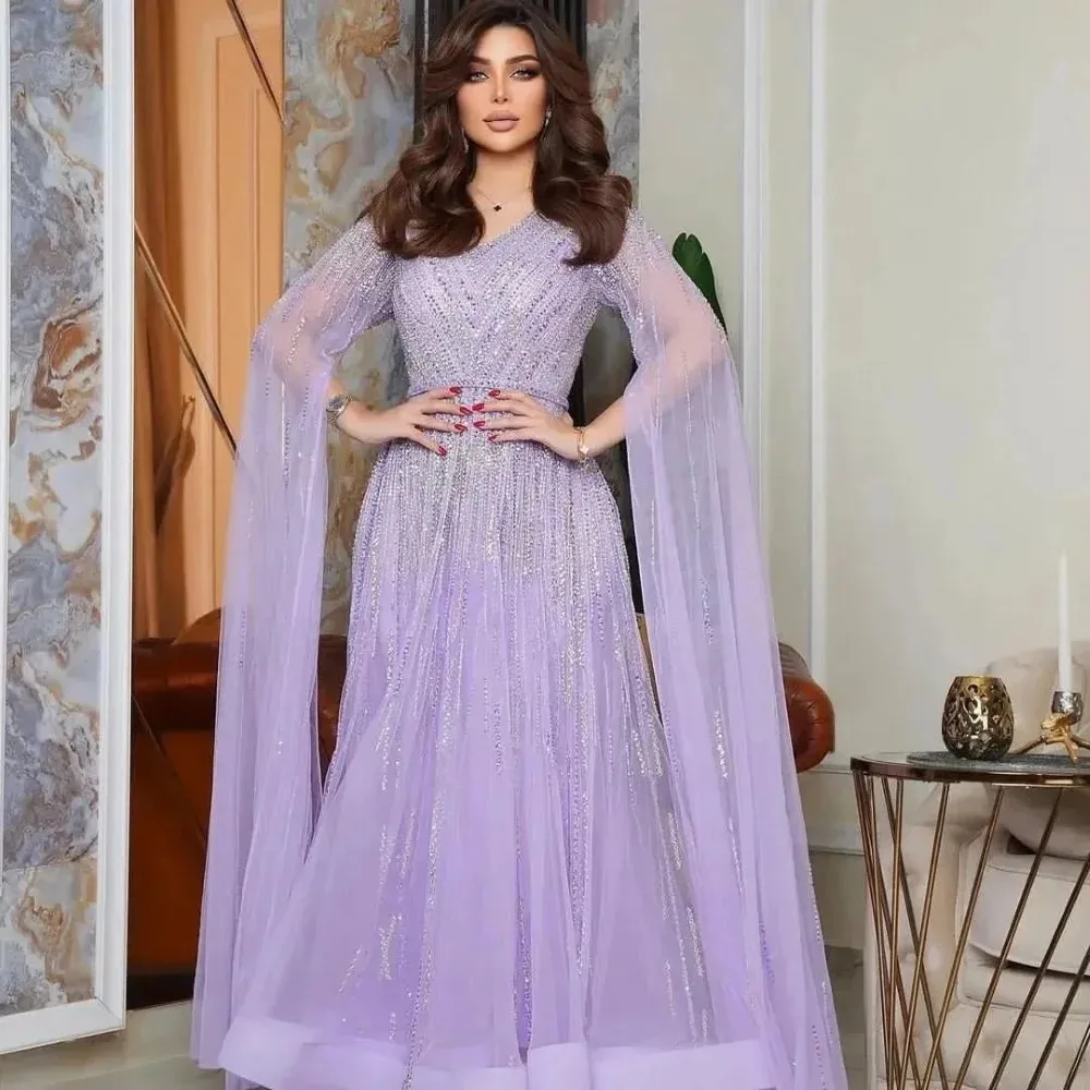 Luxury Beaded Sequins Prom Dresses V Neck Long Sleeves Vestidos De Noche A Line Tulle Saudi Arabia Women Evening Gowns