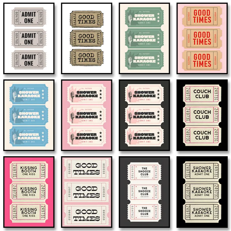 Shower Karaoke Ticket Poster Couch Club Retro Ticket Canvas Painting Print Wall Art Picture for Bathroom Home Decoration