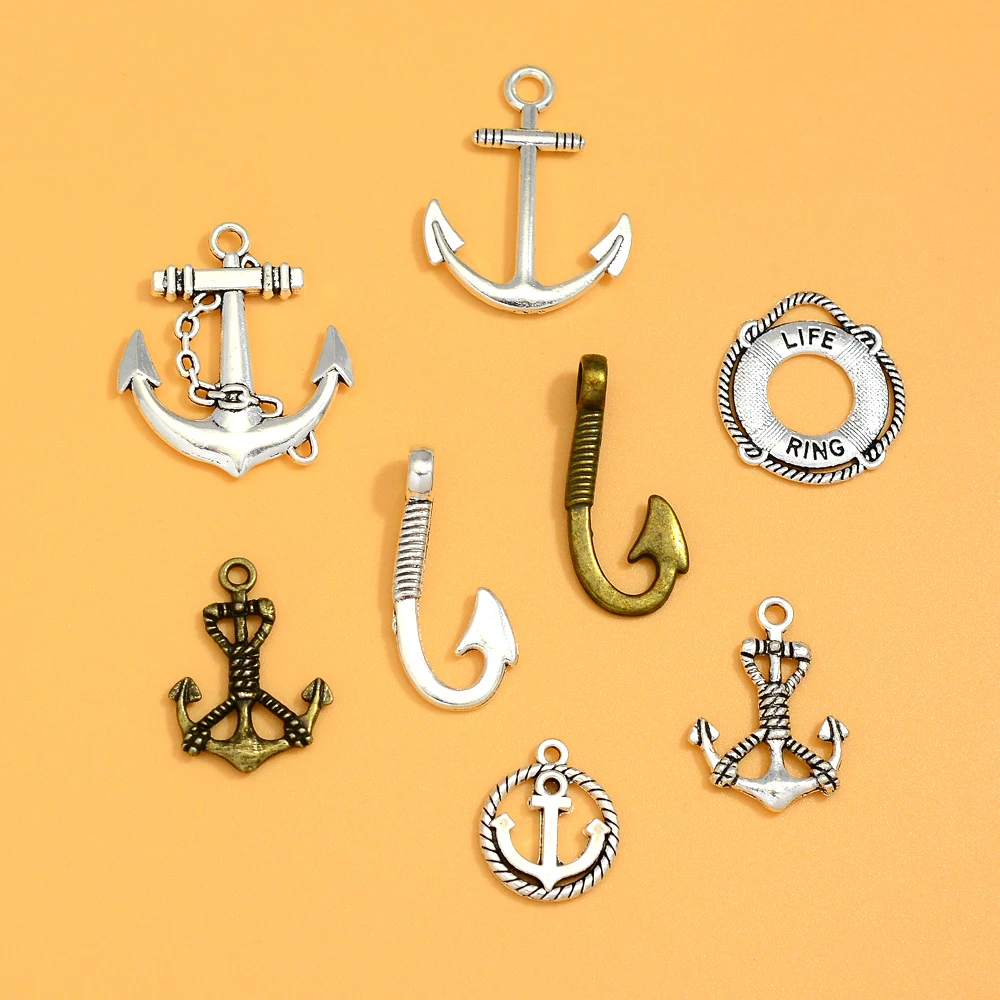

20pcs/lots Vintage Anchor Life Ring Charms Fishhook Pendants For Diy Keychain Jewelry Making Findings Supplies Accessories