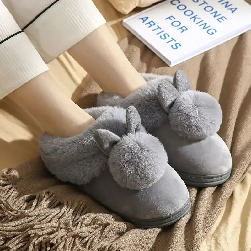 Cute Women Slippers Autumn Winter Cotton Flat Fluffy Slippers Cartoon Rabbit Ear Home Indoor Fur Slippers Warm Soft Plush Shoes