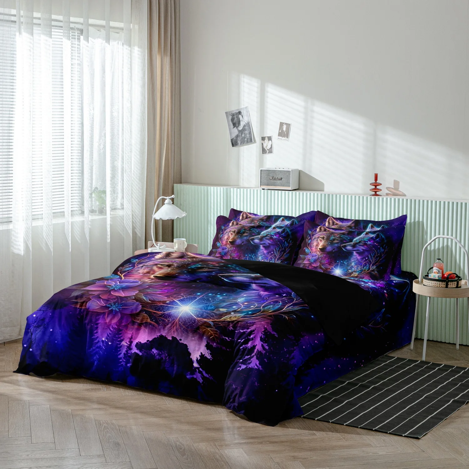 3 Pieces Fantasy Starry Forest Wolves Duvet Cover Set, Purple Galaxy Wild Wolf Blooming Flower Night Woodland Pattern Bedding