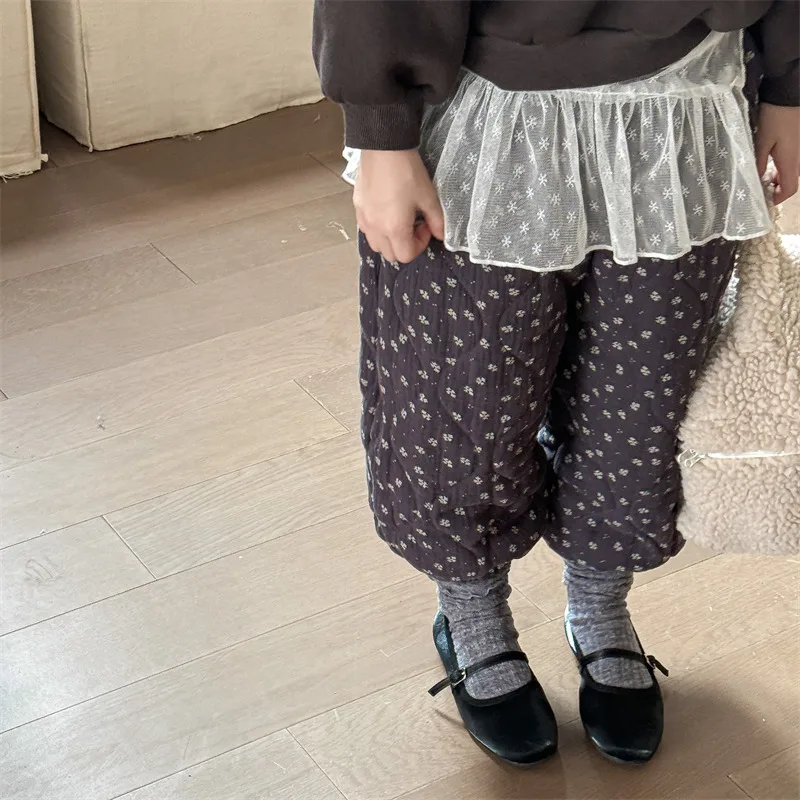 LILIGIRL 2025 جديد الشتاء طفل الفتيات السراويل المطبوعة رشاقته الدافئة المحشوة بالقطن الكورية نمط الأطفال بناطيل كاجوال