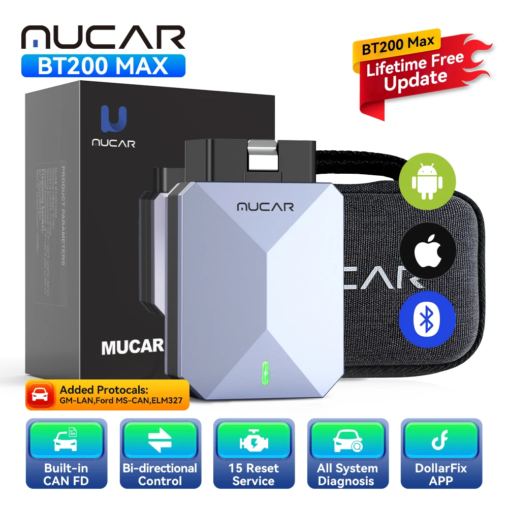 MUCAR BT200 MAX Lifetime FREE OBD2 Scanner Bidirectional Test Actuator TCM Full System 15 Reset OIL DPF Car Diagnostics Tools