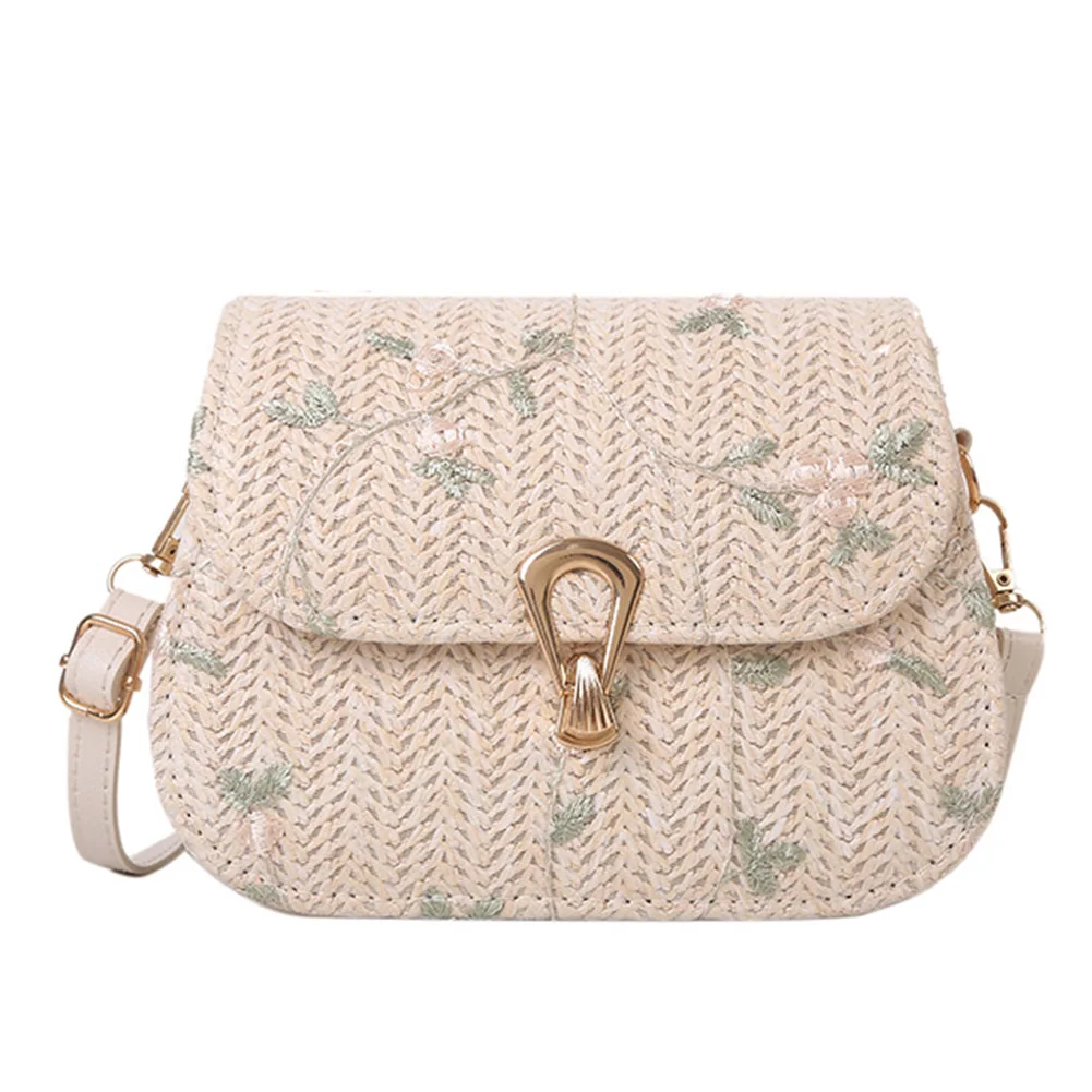 Saco de palha flor feminina, alça ajustável, tecelagem, bolsa de praia verão, fechamento flap