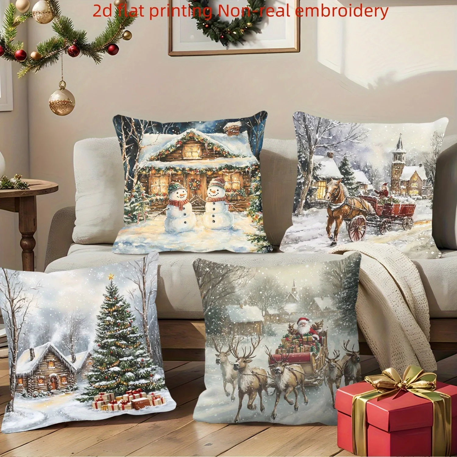 

4-piece 2D flat-printed Christmas pillowcase with Christmas pattern, suitable for sofa, bedroom, and living room decoration.