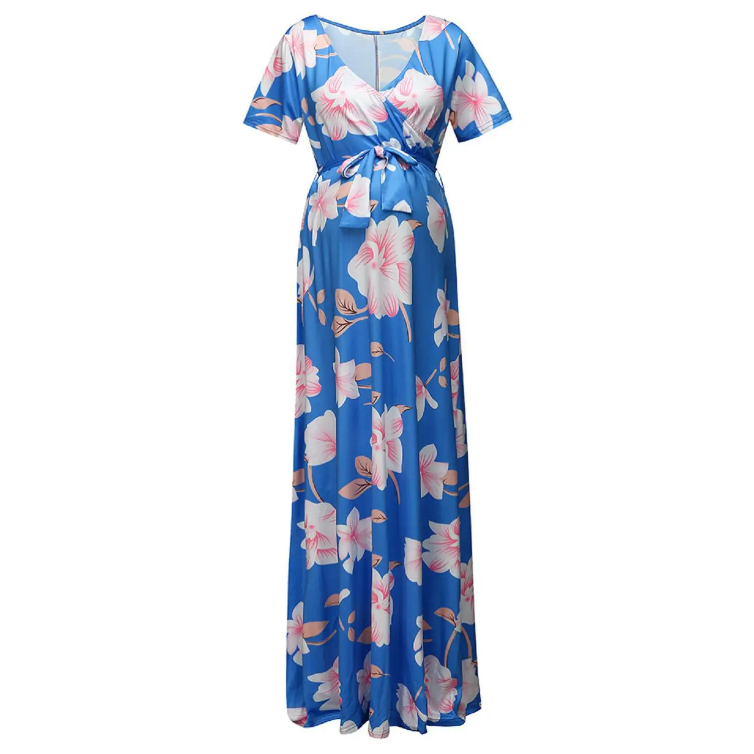 Maternity Women Dress With Belted Floral Print Short Sleeve V-neck Maxi Long Dress Pregnant Casual Clothe Summer Maternity Dress