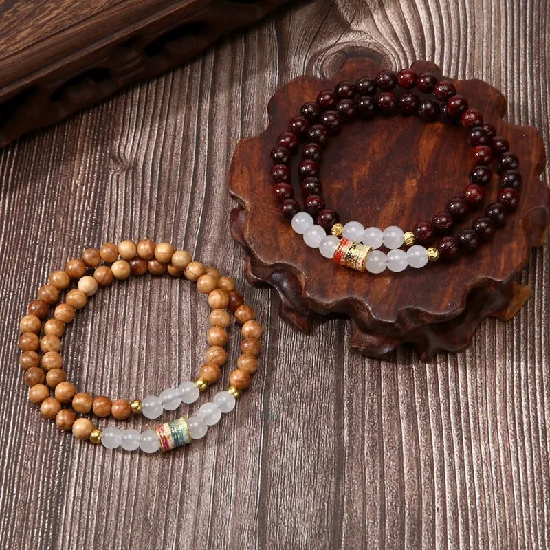 Blood Sandalwood Double-Loop for Women, New Chinese Style, Enamel Five-Scripture Accessory, Buddhist Bead Bracelet
