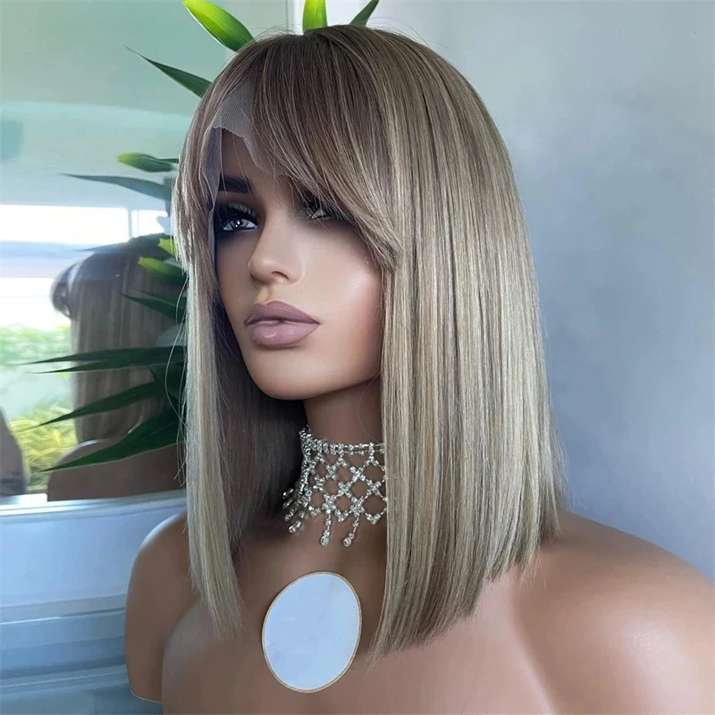 Short Bob With Bangs Ombre Ash Blonde Brown HD Transparent Lace Front Wig Heat Resistant Fiber Hair Wig Glueless Synthetic Wig