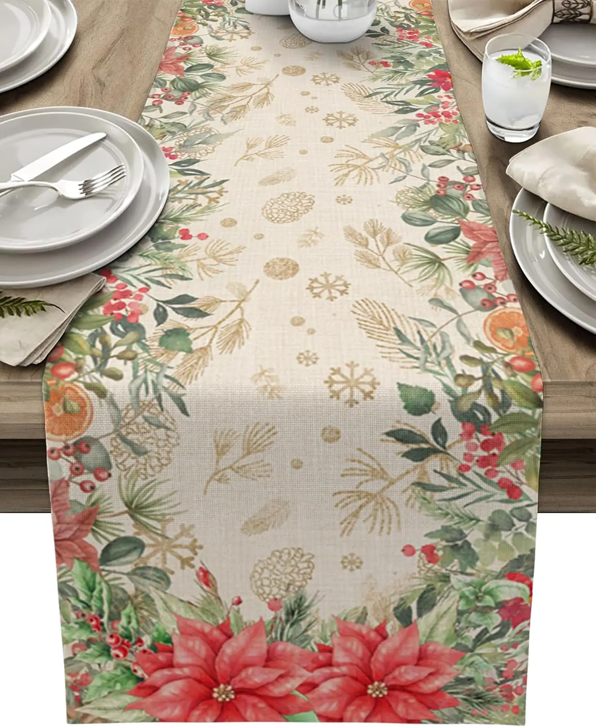 Christmas Poinsettia Flower Pine Cone Linen Table Runner Dresser Scarves Reusable Kitchen Dining Table Runner Navidad Decoration