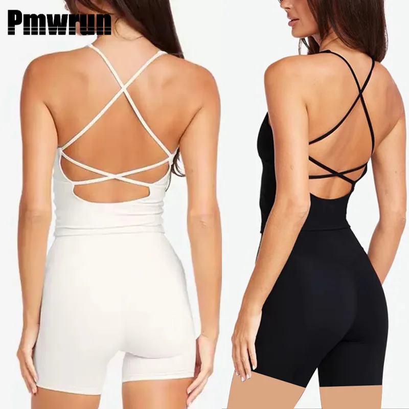 

PMWRUIN 2 Piece Yoga Sets For Women Criss-Cross Back Tank Top & Shorts Breathable Stretchy Workout Outfit For Gym Yoga Running