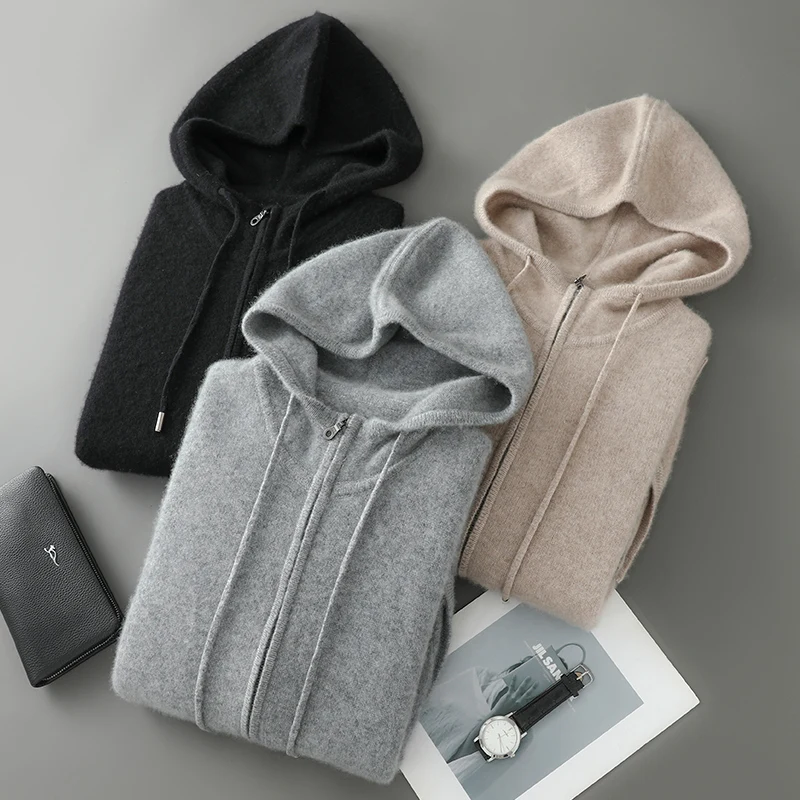 

Осень/зима, новый продукт, мужской толстый вязаный свитер с капюшоном, 100% мериносовая шерсть, мужской кардиган на молнии, повседневная свободная теплая одежда