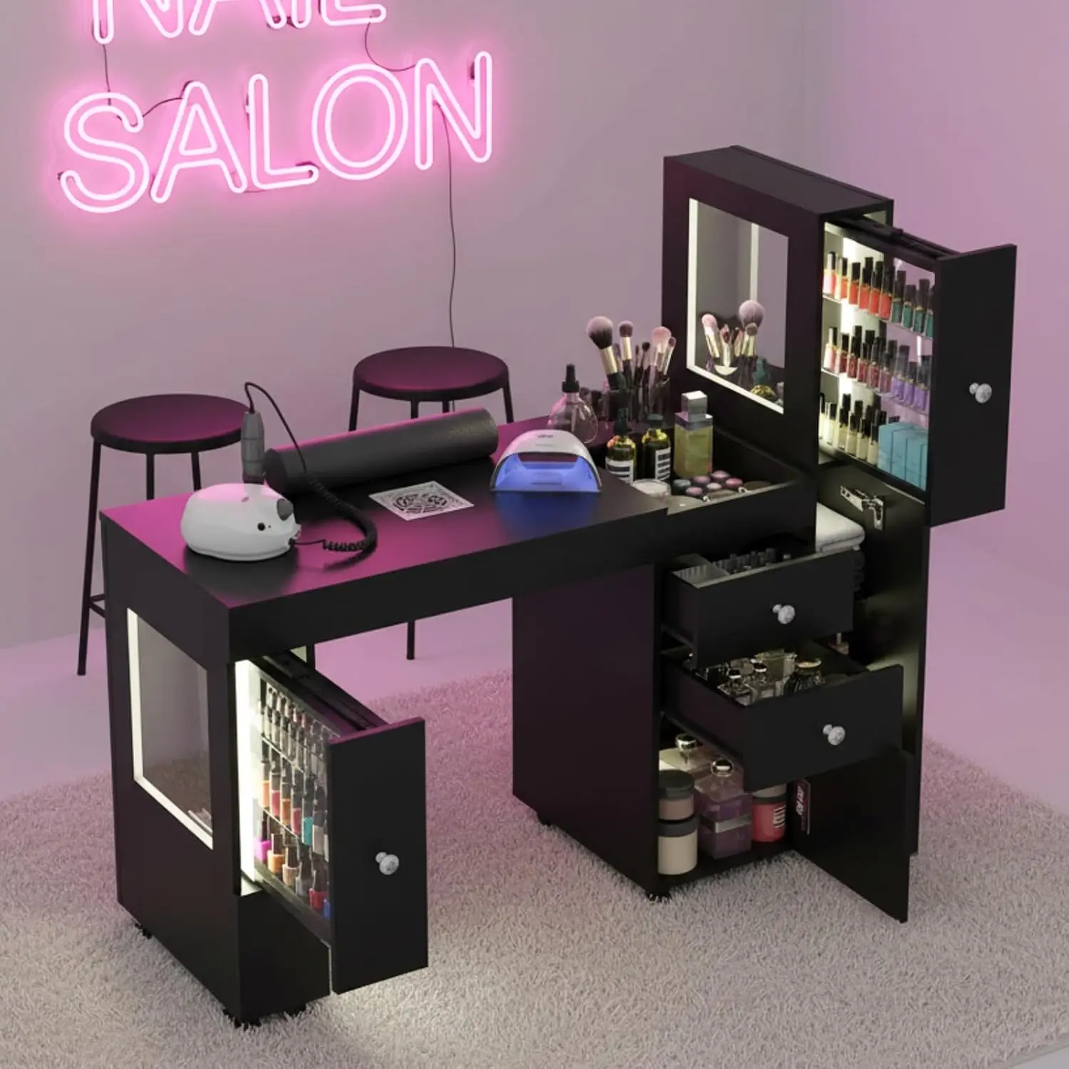 Manicure Table with Dust Collector & LED Display Cabinet, Nail Desk for Nail Tech with Drawers, Storage, Lockable, Customized