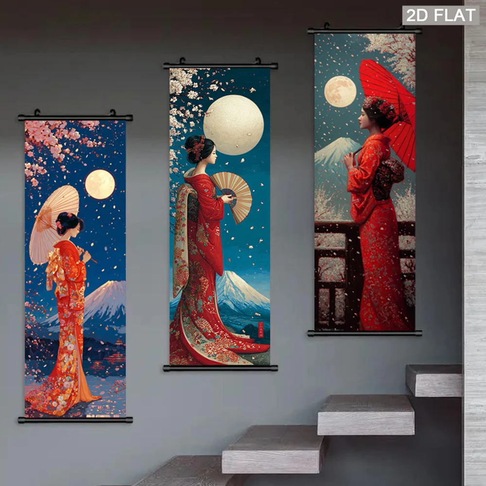 Kimono Girl Mount Fuji Tapestry, Cherry Blossom Wall Scroll, Japanese Beauty Fabric Poster, Living Room Wall Hanging Decor