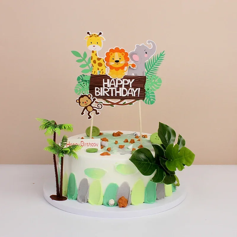 

New Birthday Cake Flag Topper Baking Decoration Jungle Safari Dino Birthday Cake Happy Party Birthday Decor with Letter Pattern