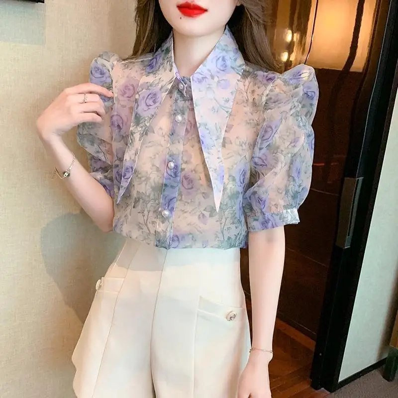 Summer Temperament Floral Blouse Femme Fashion Buttons Turn-down Collar Short Sleeve Perspective Women\'s Shirt Trend Top Tee