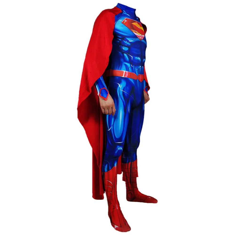 Mężczyźni Super Heroes Deluxe Muscle Chest Cosplay Costume Hero Spandex Zentai Bodysuit z płaszczem na Halloween Outfit