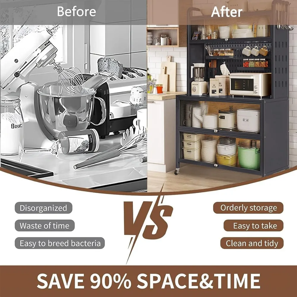 63-дюймовый кухонный шкаф для хранения, стеллажи для пекарей для кухонь с акриловой дверью и регулируемыми полками, высокая подставка для хранения в микроволновой печи