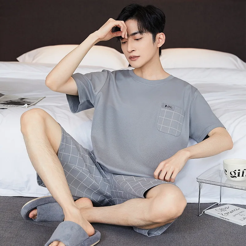 

3XL Plus Size Summer Men's Cotton Pajama Set Korean Style Short Sleeve Shorts Loose-fit Casual Homewear Soft Comfort Sleepwear