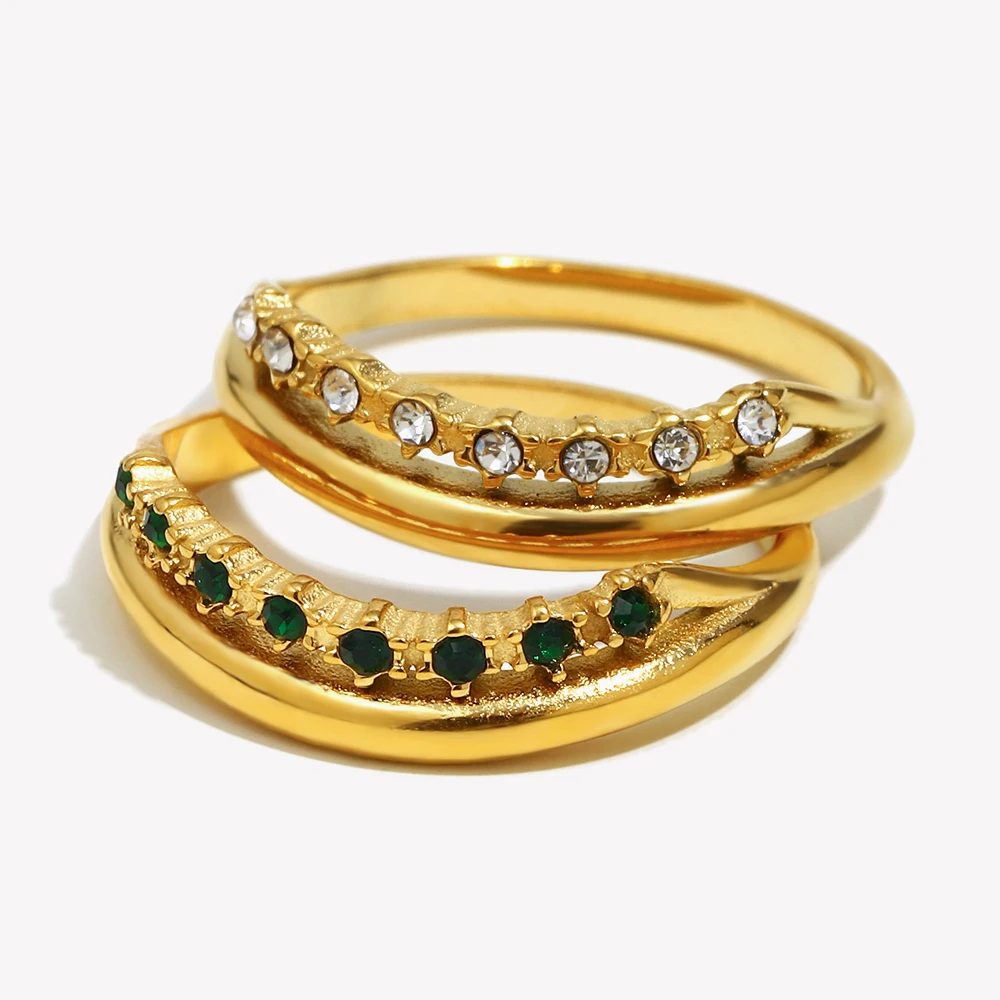 E.B.belle Stainless Steel Jewelry Trendy Micro Paved Rhinestone Multiple Layer Wedding Party Rings For Bridal Gold Plated Ring
