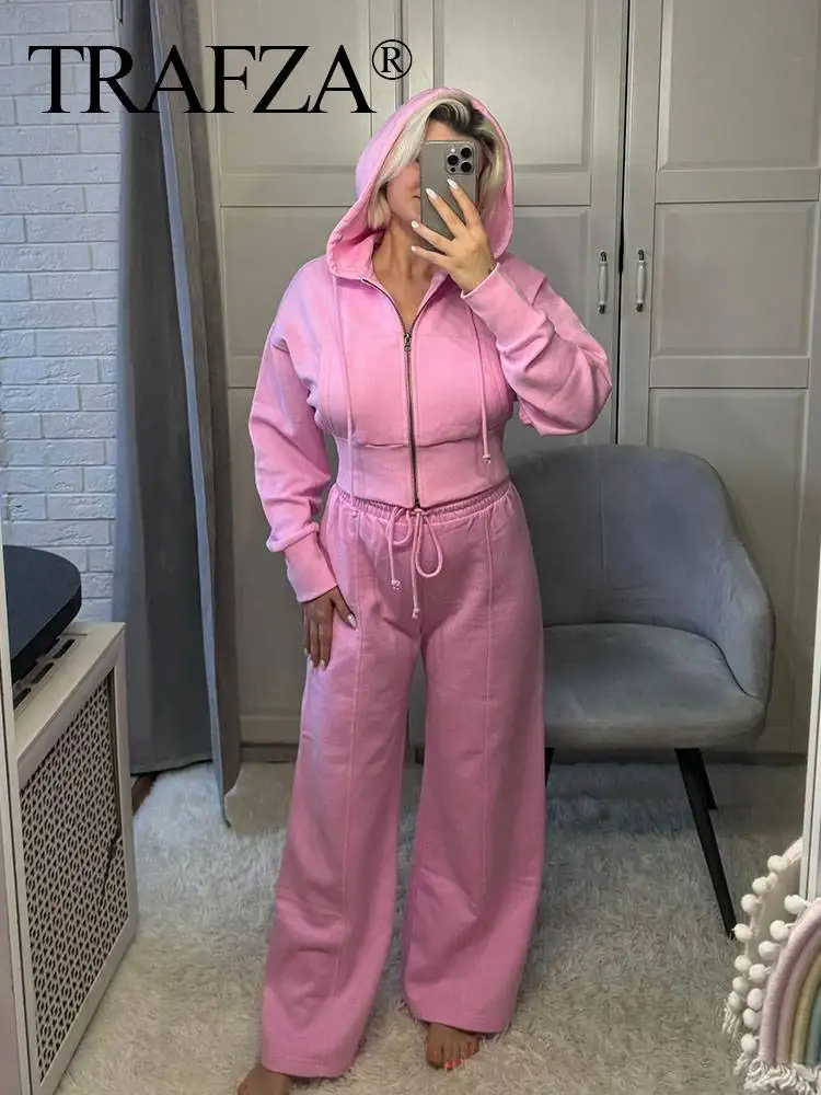 TRAFZA 2024 Female Street Casual Solid Suit Hooded With Pockets Zipper Cropped Hoodie+Elastic Waist Straight Pants Elegant Set