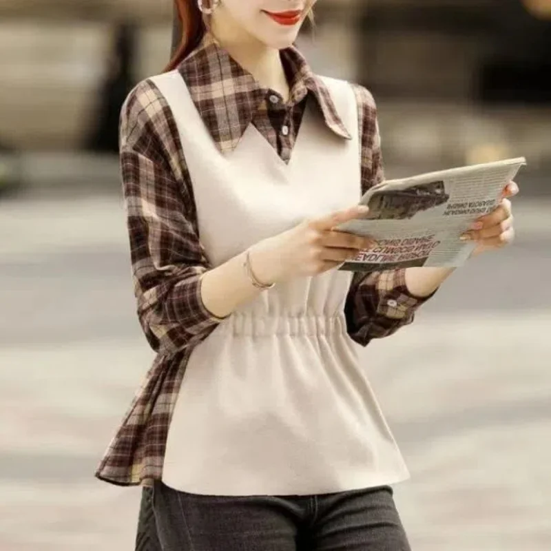 Primavera otoño cuello vuelto a cuadros jersey de mujer botón manga larga Patchwork camiseta Casual falso dos piezas Tops