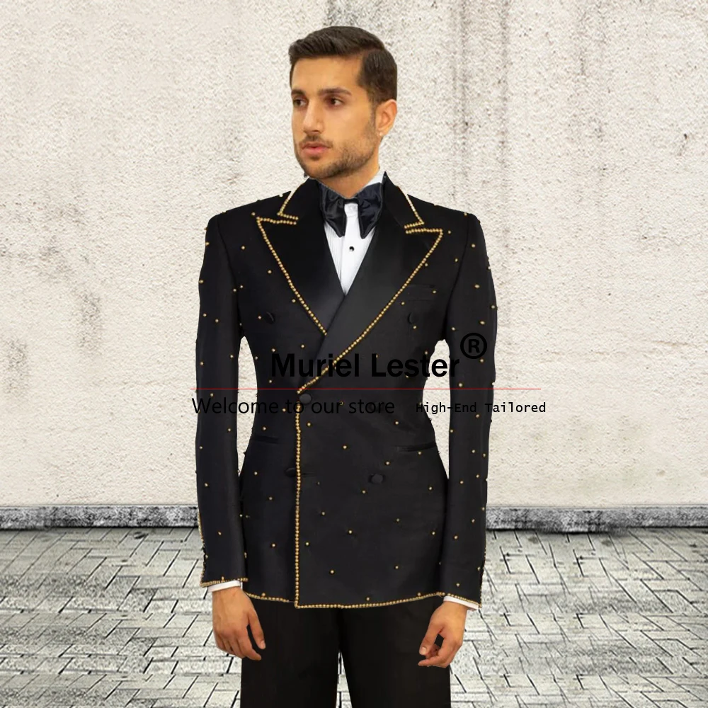 

Elegant Black Suit Men For Wedding Double Breasted Golds Pearls Jacket Pants 2 Pieces Groom Tuxedos Costume Homme Pour Mariage