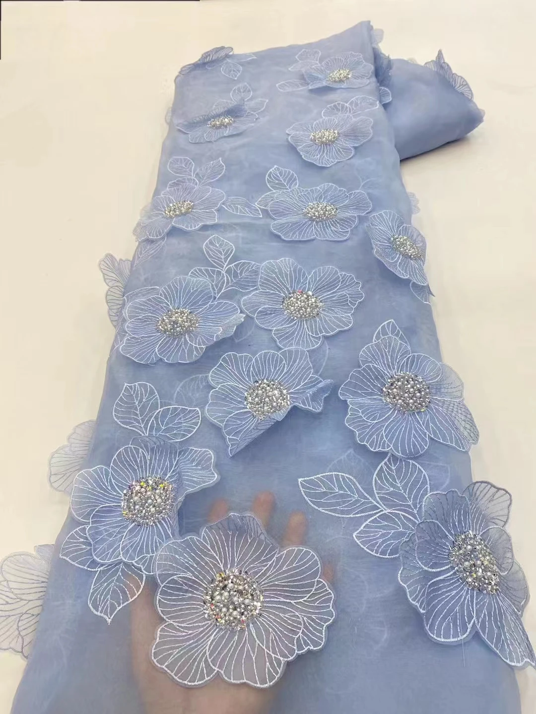 

Luxury Sky Blue 3D Flowers African Sequins Lace Fabric Dubai Handmade Beads Applique French Tulle Lace Fabric Material LXX23145