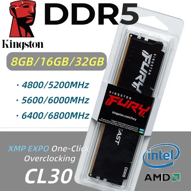 

Kingston Fury Beast DDR5 RAM Intel XMP3.0/AMD EXPO Desktop Memory CL30/40 8/16/32GB 4800/5200/5600/6000/6400/6800Mhz DIMM