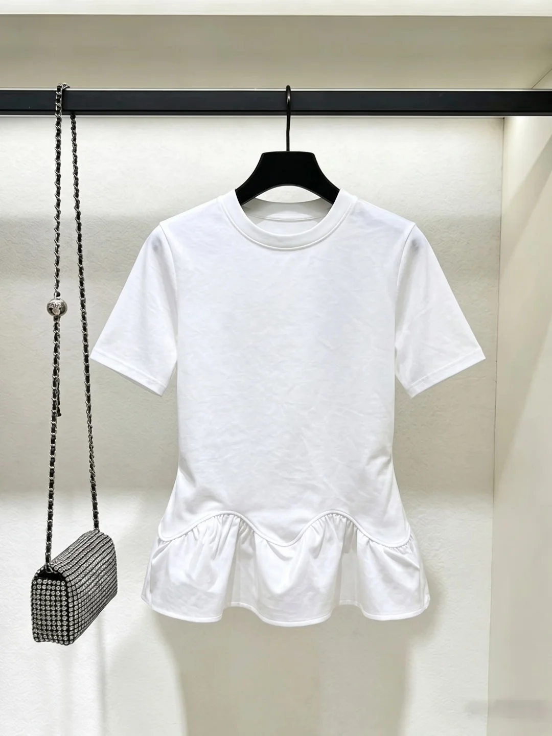 

Fashionable Pleated Color Short Sleeve round Neck T-Shirt Summer Lace Hem Loose Fit Comfortable Breathable Women's Top