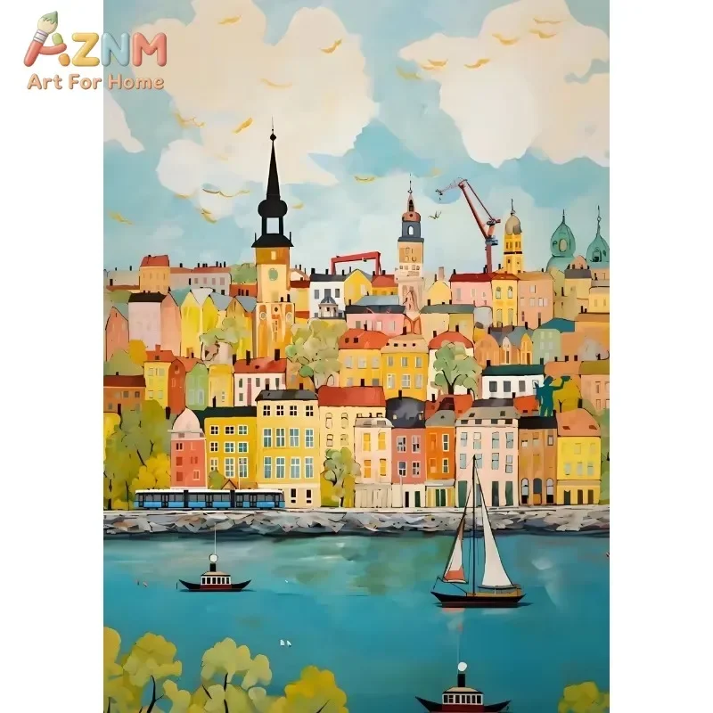 Cute Amsterdam Canal House Canvas Wall Art Colorful European City Landscape Unframed Canvas Painting Home Living Room Bedroom De
