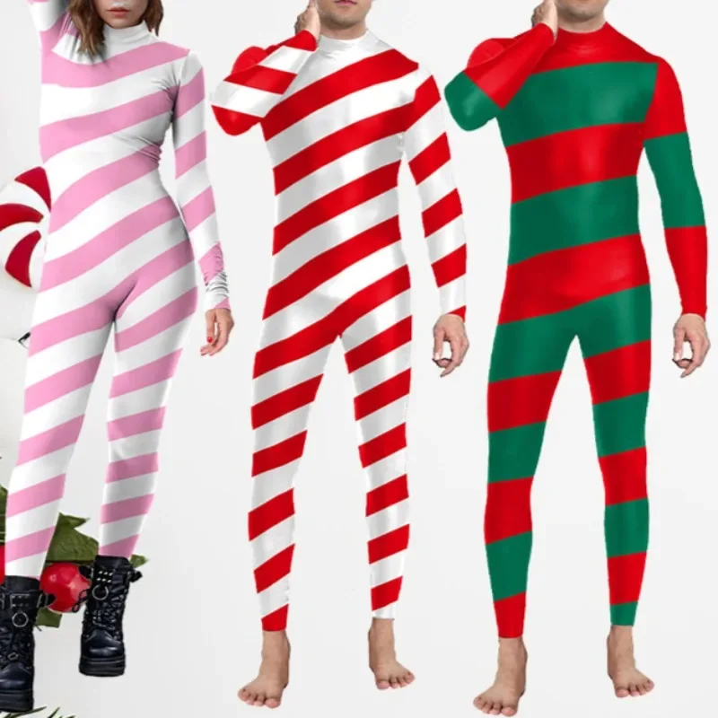 Volwassen Kerst Dans Kostuum Candy Cane Santa Claus Streep Digital Print Romper Performance Party Jumpsuits Zentai Bodysuits